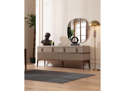 Muebles de comedor beige de lujo de madera aparador de cristal con espejo de 4 puertas en un conjunto de 2 piezas.