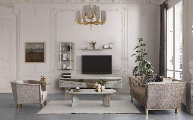 Conjunto de sala de estar gris moderna con armario de TV de lujo y estanterías de pared.