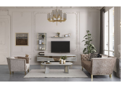 Conjunto de sala de estar gris moderna con armario de TV de lujo y estanterías de pared.