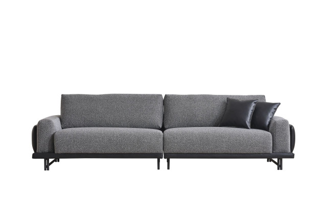 Sofá de tres plazas gris para sala de estar, muebles de lujo tapizados de diseñador con estructura de madera.