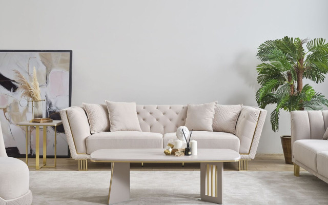 Weißes Set de sala de estar Chesterfield de tres plazas con mesa de centro de lujo de 2 piezas.