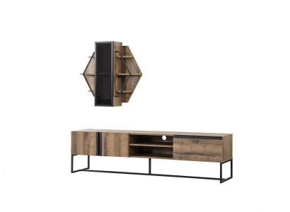 Grupo de soporte de TV y mueble bajo para televisión, estante de sala de estar, estantes de madera marrón.