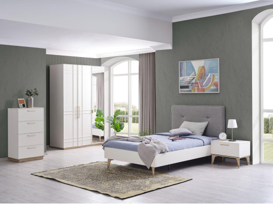 Conjunto de habitación infantil, cama infantil, cama juvenil, conjunto de cama de 4 piezas, blanco, madera.