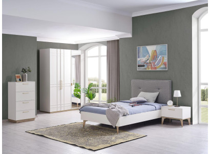 Conjunto de habitación infantil, cama infantil, cama juvenil, conjunto de cama de 4 piezas, blanco, madera.
