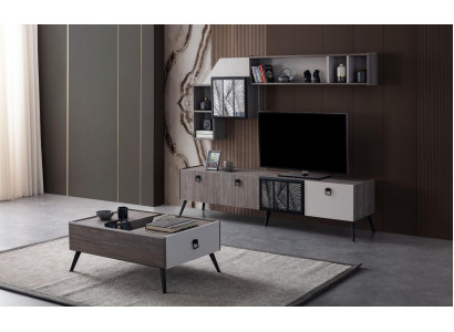 Grupo de sala de estar, soporte de TV, armarios de pared, mueble bajo en gris, mesa de centro de 3 piezas.