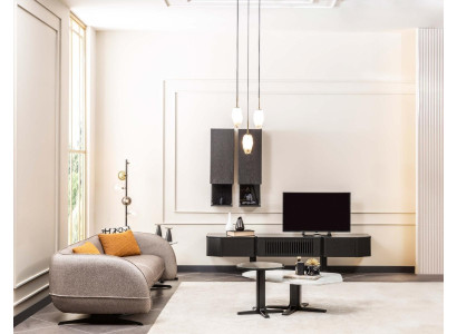 Juego completo de sala de estar moderna con sofá de tela de diseñador, soporte de TV de 6 piezas.