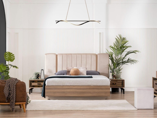 Lujo conjunto de dormitorio de cama doble de madera en tono marrón moderno de 7 piezas.