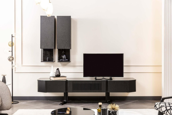 Conjunto de pared negra de diseñador de madera Soporte de TV de lujo x2 estantes de pared
