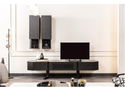 Conjunto de pared negra de diseñador de madera Soporte de TV de lujo x2 estantes de pared