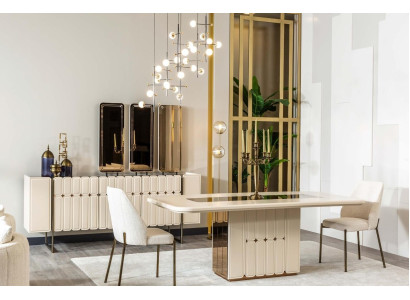 Grupo de comedor de lujo blanco noble, mesa de acero inoxidable, x6 sillas diseñadas.