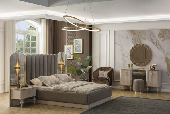 Conjunto de dormitorio gris Cama doble Tocador Consola Mesitas de noche