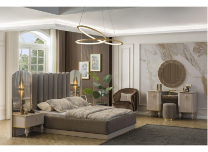 Conjunto de dormitorio gris Cama doble Tocador Consola Mesitas de noche