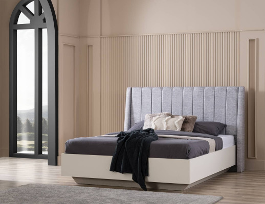 Conjunto de dormitorio de cama doble de madera de 3 piezas en blanco con mesitas de noche.