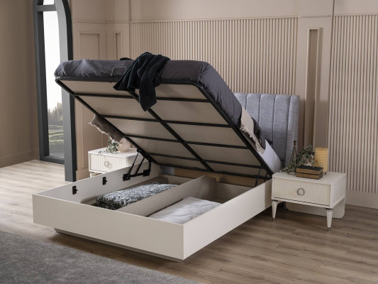 Conjunto de dormitorio de cama doble de madera de 3 piezas en blanco con mesitas de noche.