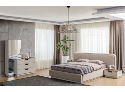 Muebles de dormitorio beige, cama de tela de madera, tocadores, 2 mesitas de noche.