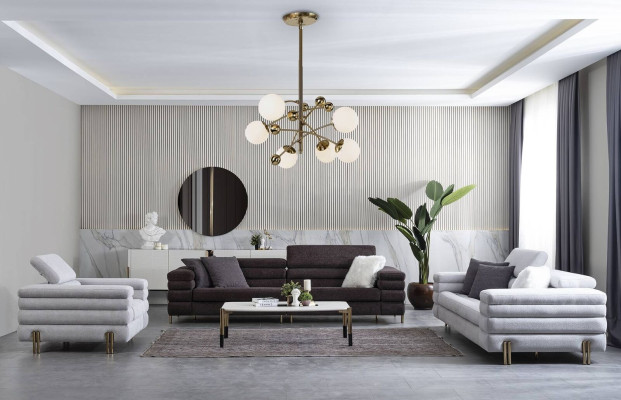 Conjunto de sofás de diseñador para la sala de estar 3+3+1 plazas en marrón.