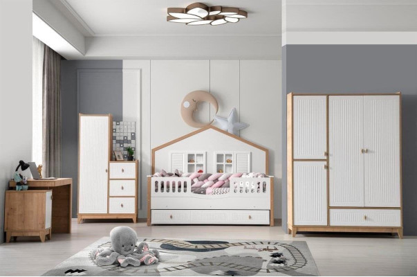 Conjunto de dormitorio para niños elegante: cama, armario y mesa, luminoso, de 4 piezas.