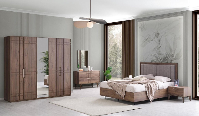 Muebles de dormitorio completos Cama doble Madera 6 piezas Dormitorio Marrón