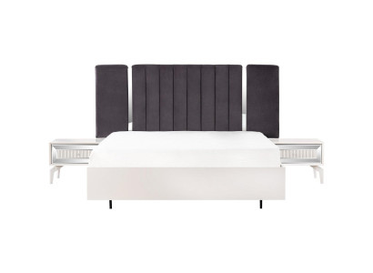 Conjunto de cama doble de dormitorio blanco con estructura de cama y 3 mesitas de noche.