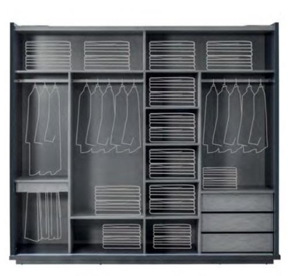 Armario de lujo gris con puertas de cristal en el dormitorio. Elegantes armarios de madera.