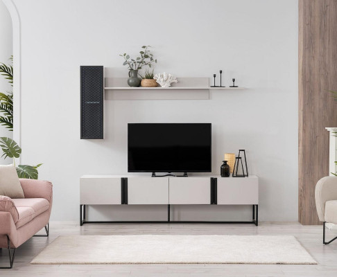Juego de muebles para TV, armario, soporte para TV, estante bajo para sala de estar, estantes de madera blancos.