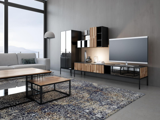 Mueble de salón soporte de TV RTV tablero bajo vitrina madera moderna marrón sala de estar