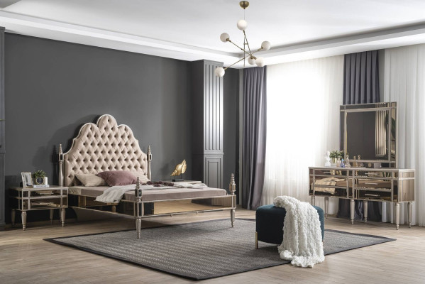 Conjunto de dormitorio moderno de lujo con cama Chesterfield y 2 mesitas de noche.