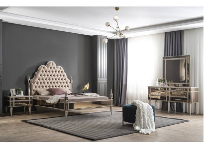 Conjunto de dormitorio moderno de lujo con cama Chesterfield y 2 mesitas de noche.