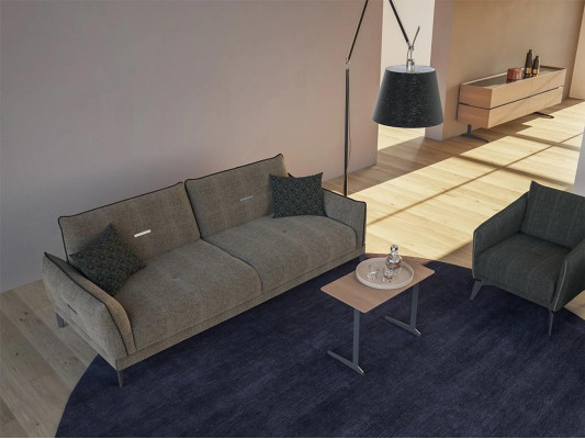Diseño de sofá gris de tres plazas moderno con 2 sillones y mesa de centro de muebles tapizados de lujo.