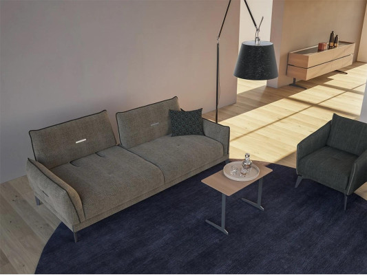 Diseño de sofá gris de tres plazas moderno con 2 sillones y mesa de centro de muebles tapizados de lujo.