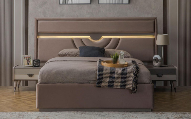 Cama doble Dormitorio Mesitas de noche Beige Conjunto de 3 piezas Caja de cama