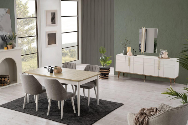 Grupo de comedor, conjunto de muebles de comedor de 9 piezas, mesa de comedor, sillas de madera blanca.