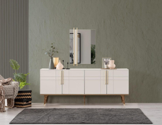 Grupo de comedor, conjunto de muebles de comedor de 9 piezas, mesa de comedor, sillas de madera blanca.