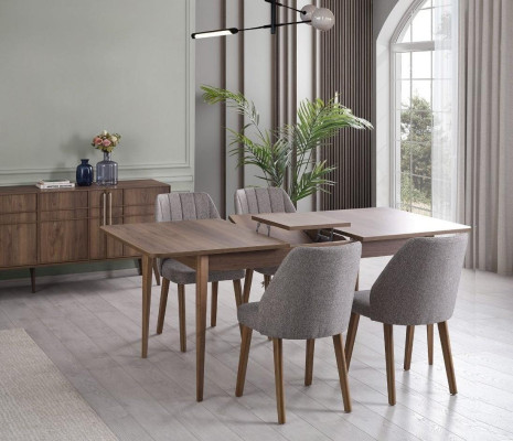 Conjunto de comedor moderno completo, mesa de comedor de 7 piezas en marrón de madera.