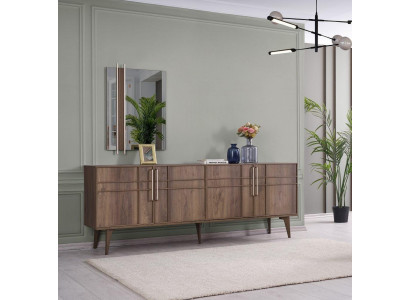Conjunto de cómoda con espejo y aparador de madera color marrón para comedor.