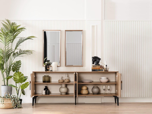 Mueble aparador con espejo, grupo de cajones de madera dorada para el comedor.