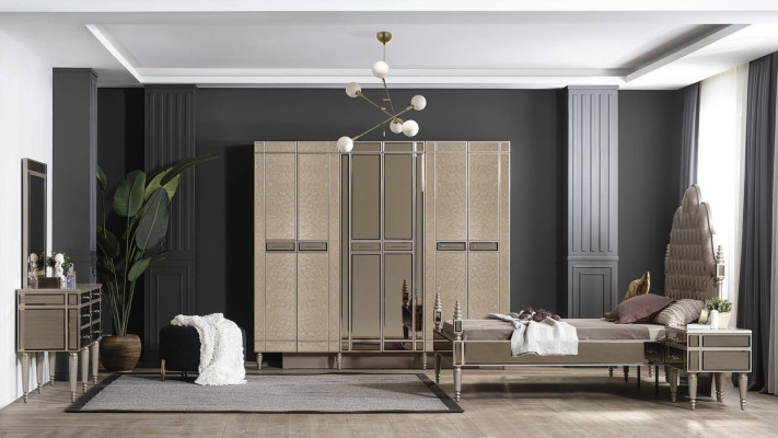 Dormitorio Cama completa con 2 mesitas de noche Cómoda con espejo de 5 piezas