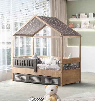 Marco de cama infantil de 200 cm en madera, marco de cama gris para habitación infantil.
