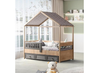 Marco de cama infantil de 200 cm en madera, marco de cama gris para habitación infantil.