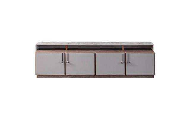 Mueble de televisión RTV de estilo bajo en color gris para sala de estar, de madera con mesa y armario.