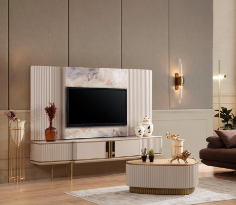 Mueble bajo blanco con marco de TV, diseño de sala de estar, muebles de diseñador, marco de acero inoxidable.