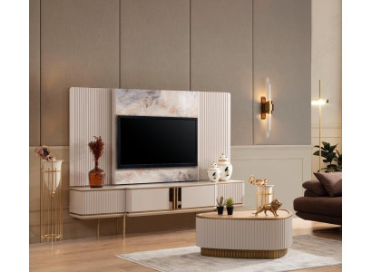 Mueble bajo blanco con marco de TV, diseño de sala de estar, muebles de diseñador, marco de acero inoxidable.