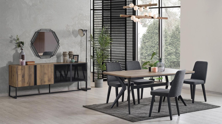 Conjunto de comedor de lujo, mesa de comedor de comedor de madera marrón de 9 piezas.