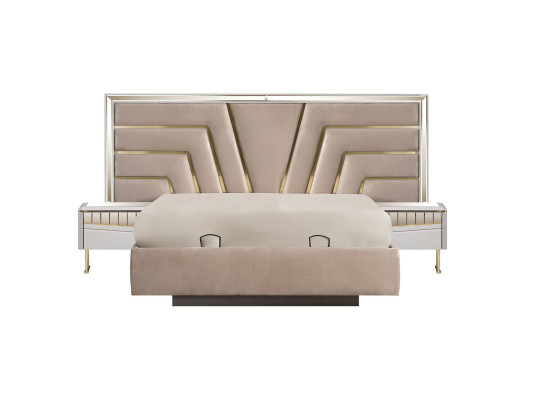 Dormitorio beige Cama diseñadora 2x Mesitas de noche Conjunto elegante de 3 piezas