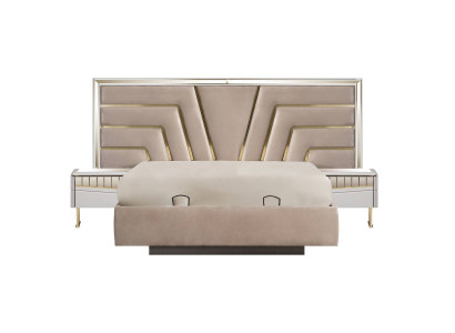 Dormitorio beige Cama diseñadora 2x Mesitas de noche Conjunto elegante de 3 piezas