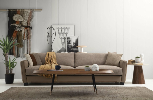 Sofá conjunto 441 Sillón 1 plaza Sofá de 4 plazas Moderno Tela Beige Juego de 3 piezas