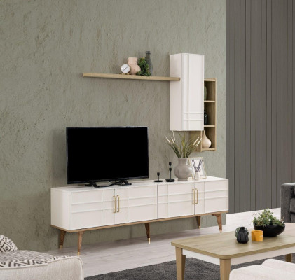 Conjunto de soporte de TV armario RTV aparador estanterías de salón blanco madera