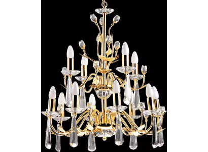 Lámpara de techo de lujo de cristal dorado con candelabro.
