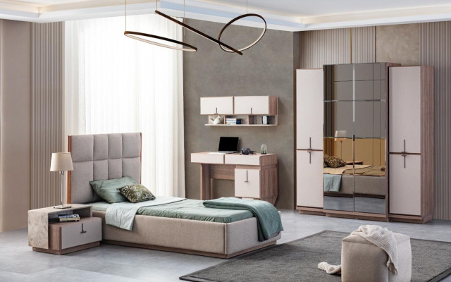 Guardarropa de dormitorio beige, diseñador de madera, armario de ropa con vidrio, nuevo.