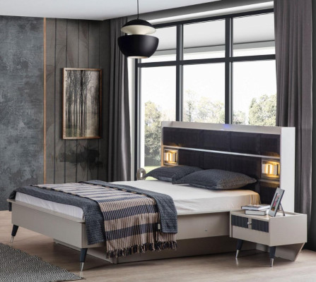 Conjunto de dormitorio gris y blanco con cama doble, 2 mesitas de noche, set de 3 piezas.
